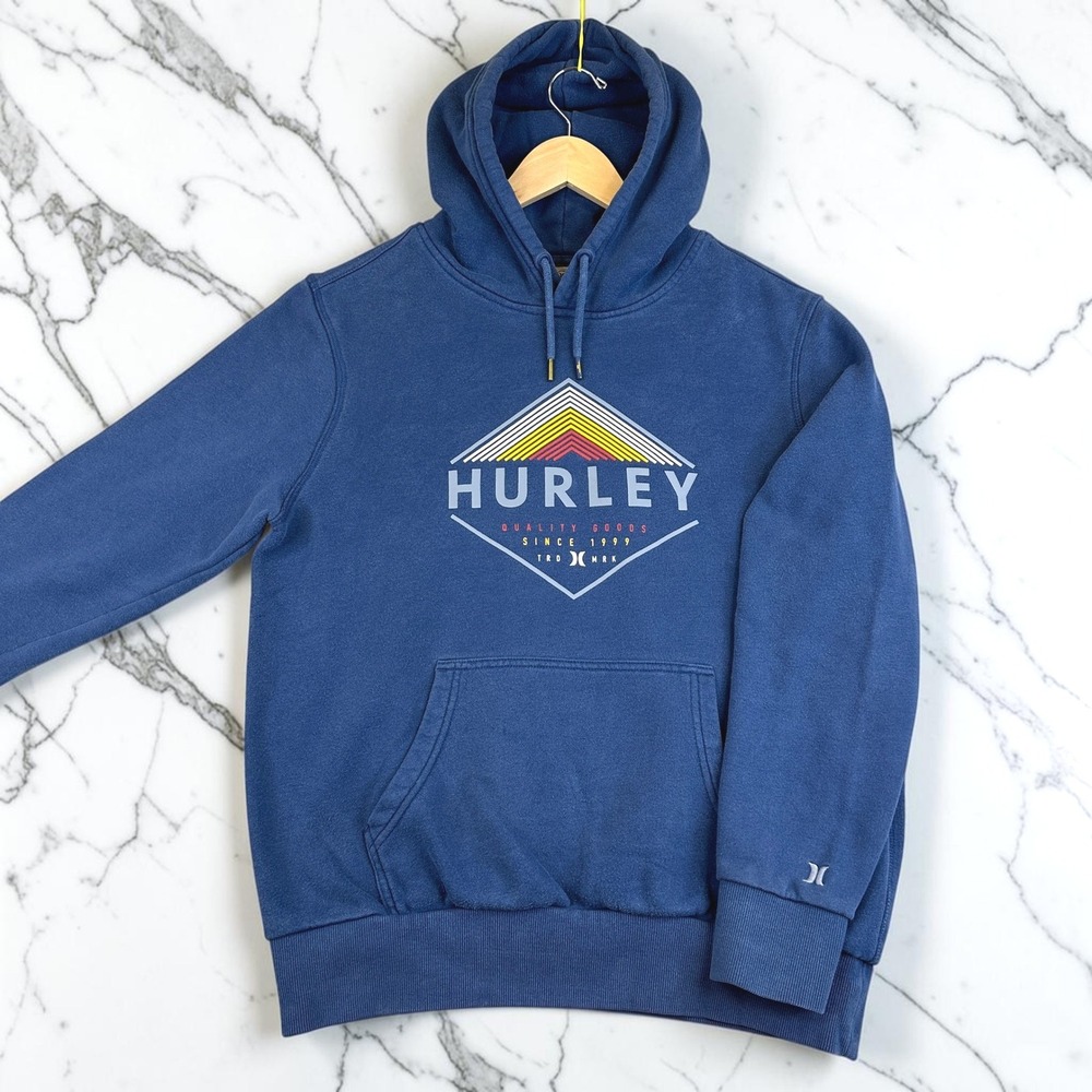 Hurley Hoodie Mens M Blue Fleece Pullover Logo Sweatshirt Skate Surf Y2K Style